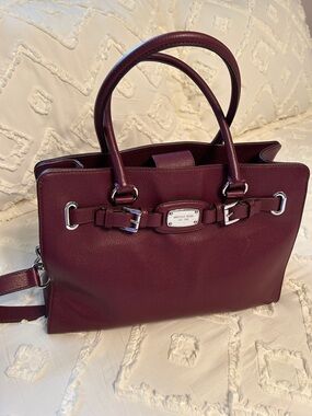Michael Kors Maroon Leather Satchel with Silver Hardware & Shoulder Strap